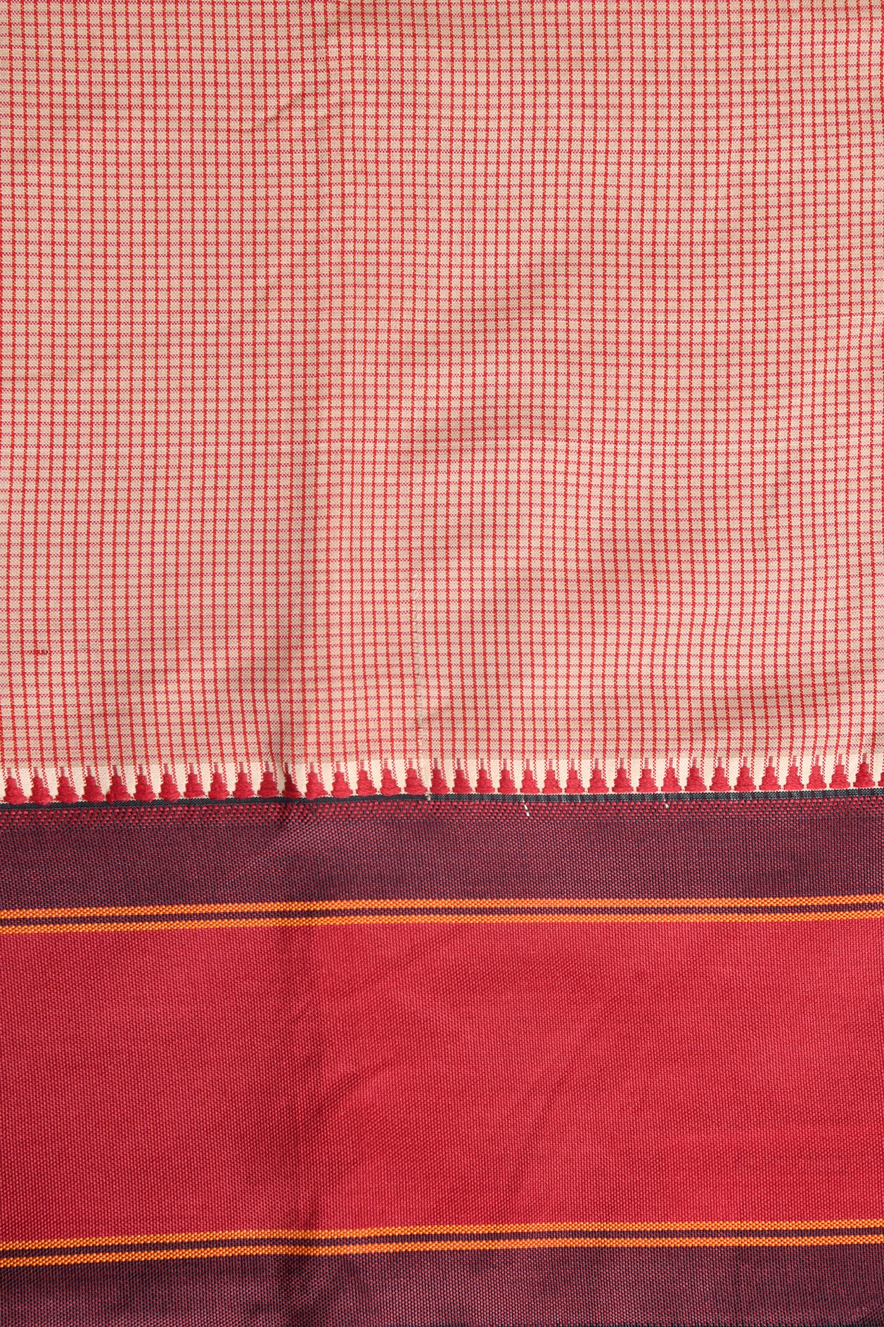 Checked Design Temple Border Beige Color Dharwad Cotton Saree