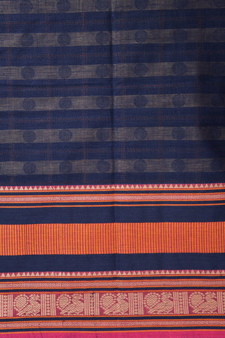 Thread Work Peacock Border Checked Rudraksh Butta Navy Blue Coimbatore Cotton Saree