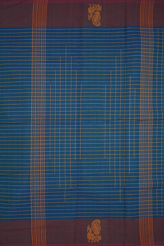 Checked Design Peacock Blue Chettinadu Cotton Saree
