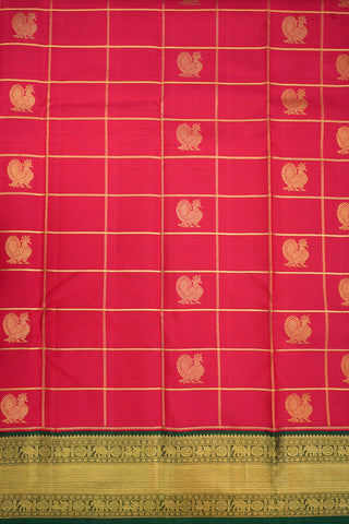 Checked Peacock Scarlet Red Kanchipuram Silk Saree