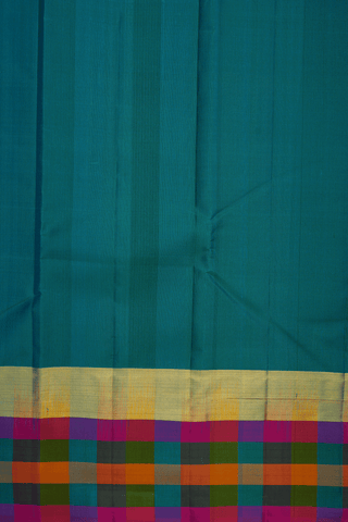 Checked Zari Border Plain Teal Blue Kanchipuram Silk Saree