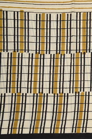Checks And Stripe Cream Color Jaipur Printed Cotton Saree