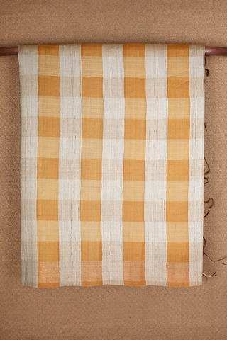 Checks Design Beige And Golden Yellow Tussar Silk Saree