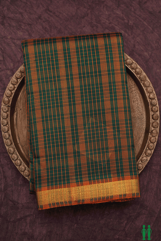 Checks Design Green And Orange Kanchipuram Silk Saree