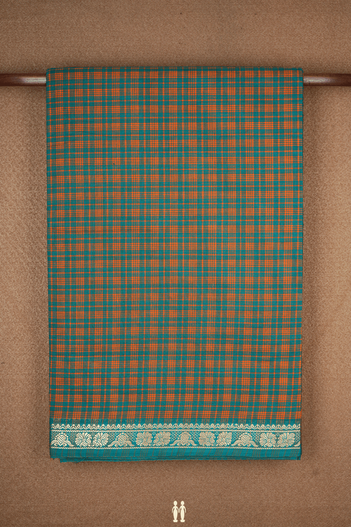 Checks Design Green And Orange Nine Yards Cotton Saree