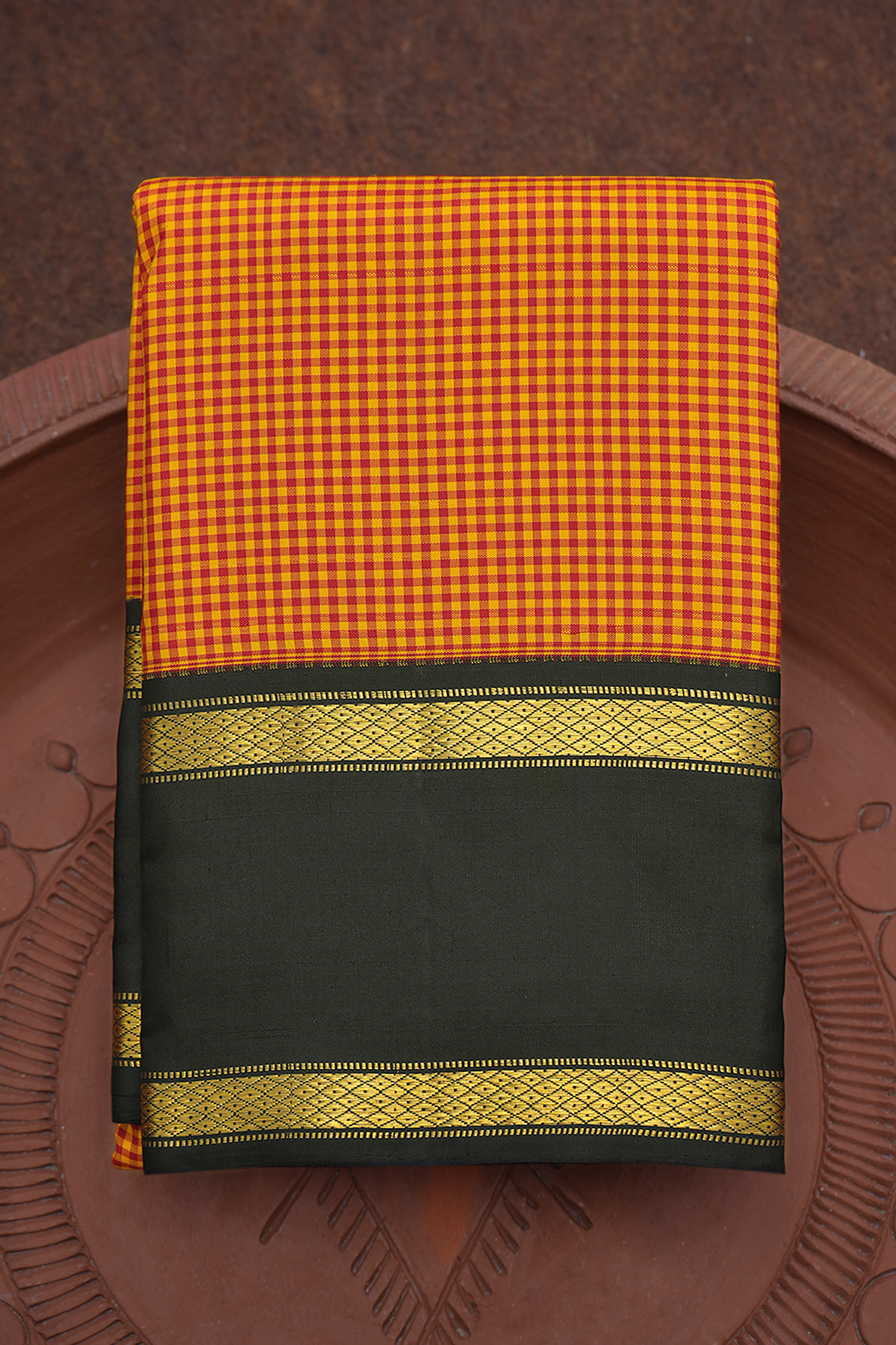 Checks Design Mustard And Maroon Kanchipuram Silk Saree