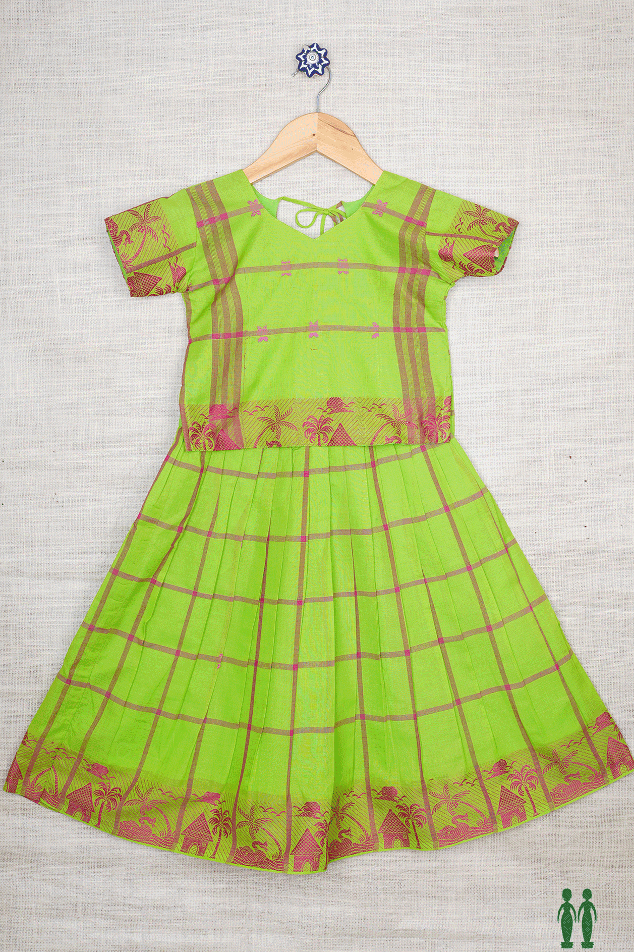 Checks Design Parrot Green Cotton Readymade Pavadai Sattai
