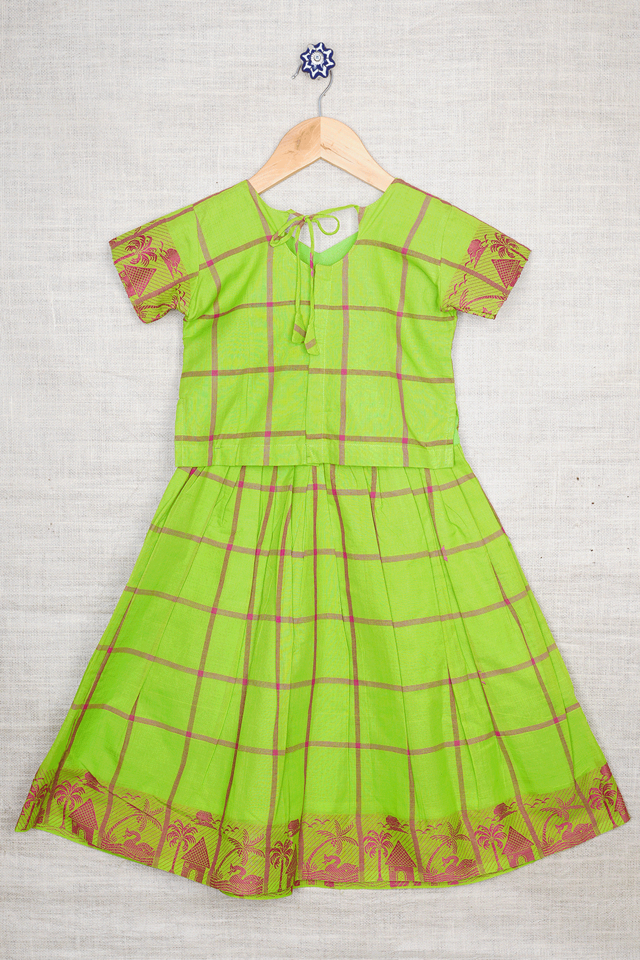 Checks Design Parrot Green Cotton Readymade Pavadai Sattai