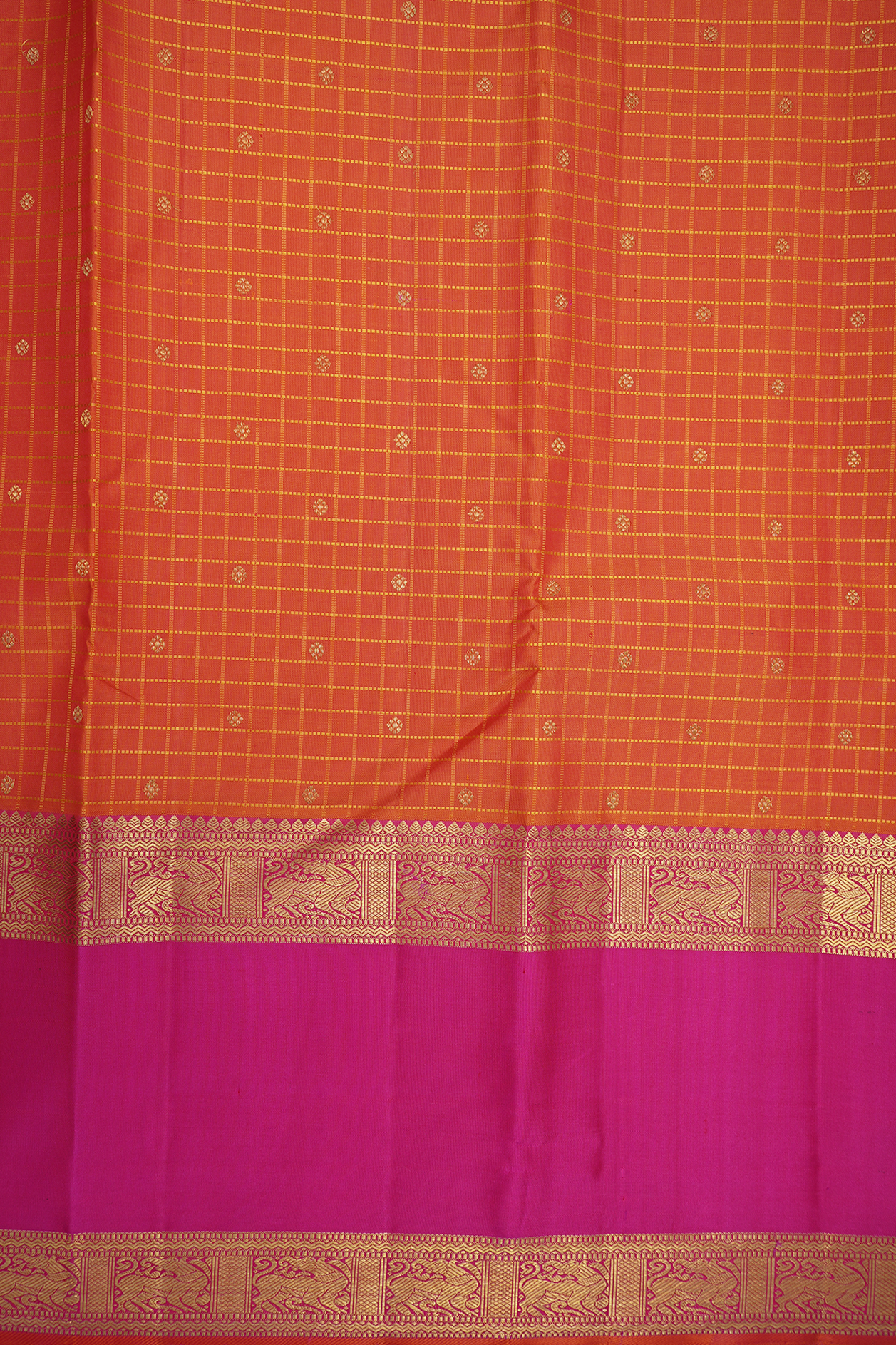 Checks With Buttas Bright Orange Kanchipuram Silk Saree