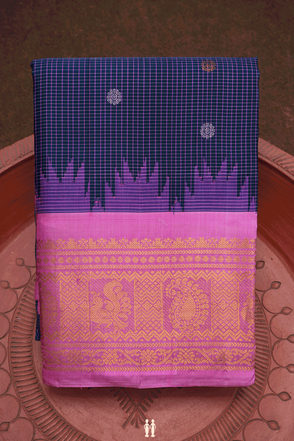 Checks With Buttas Dark Aegean Blue Gadwal Silk Saree