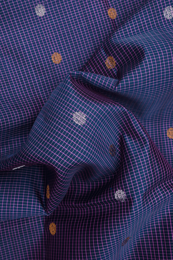 Checks With Buttas Dark Aegean Blue Gadwal Silk Saree