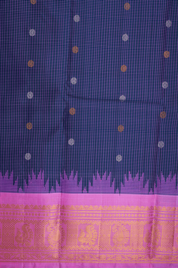 Checks With Buttas Dark Aegean Blue Gadwal Silk Saree
