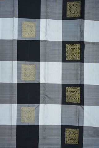 Square Zari Motifs Black And White Kanchipuram Silk Saree