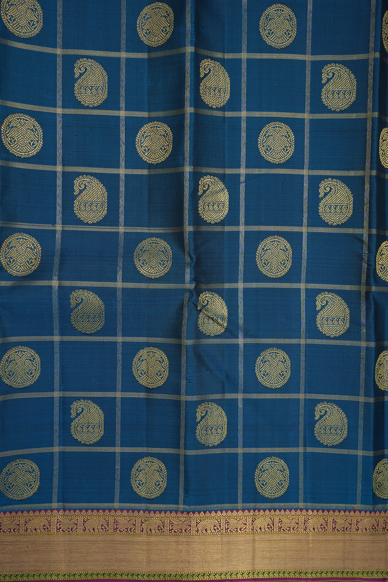 Checks With Buttas Teal Blue Kanchipuram Silk Saree