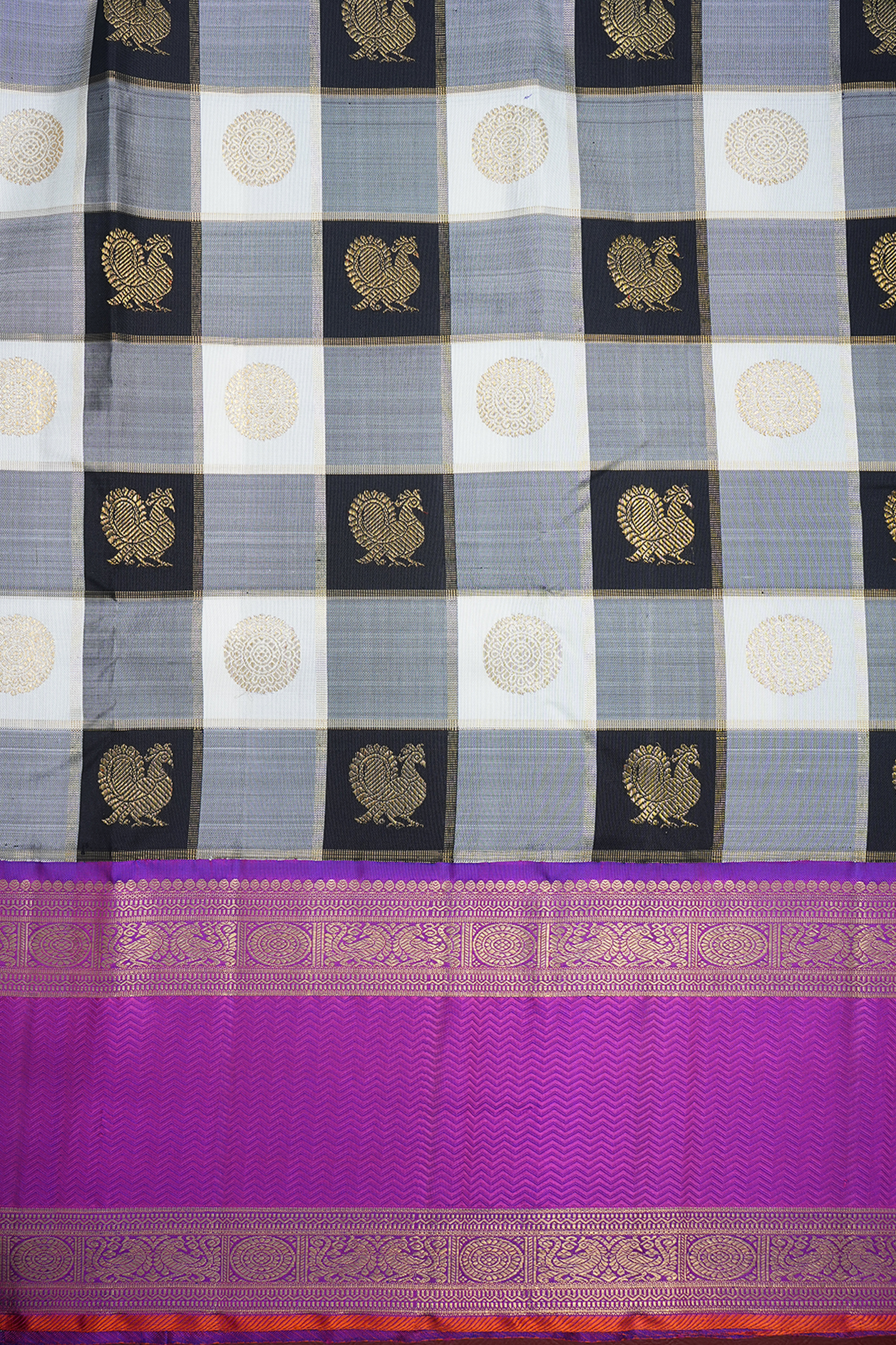 Checks With Buttas Black And White Kanchipuram Silk Saree
