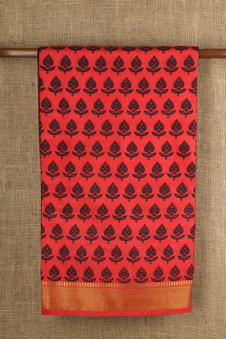 Chevron Border With Floral Digital Printed Apple Red Semi Raw Silk Saree