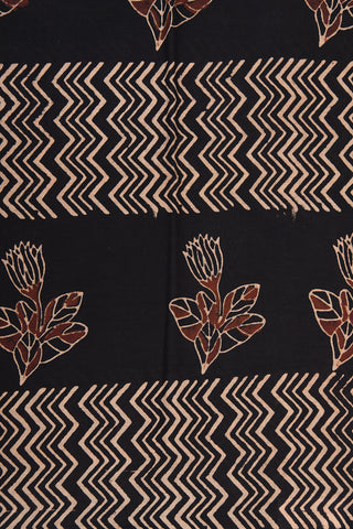 Chevron Design And Floral Printed Black Ahmedabad Cotton Saree