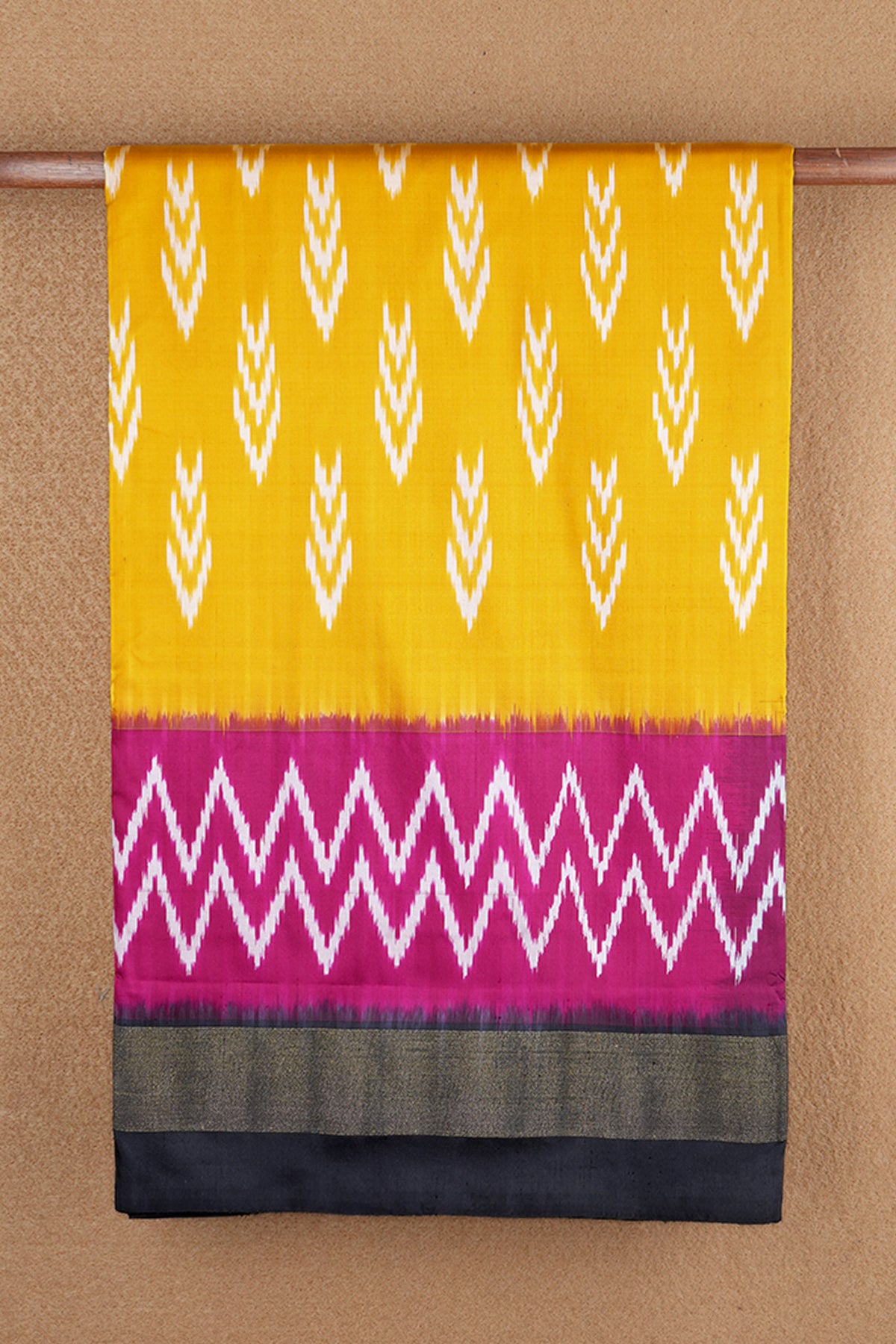 Chevron Design And Zari Border Saffron Yellow Pochampally Handloom Silk Saree