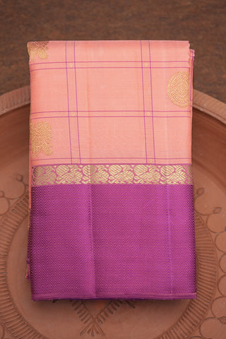 Chevron Pattern Threadwork Border Coral Pink Kanchipuram Handloom Silk Saree