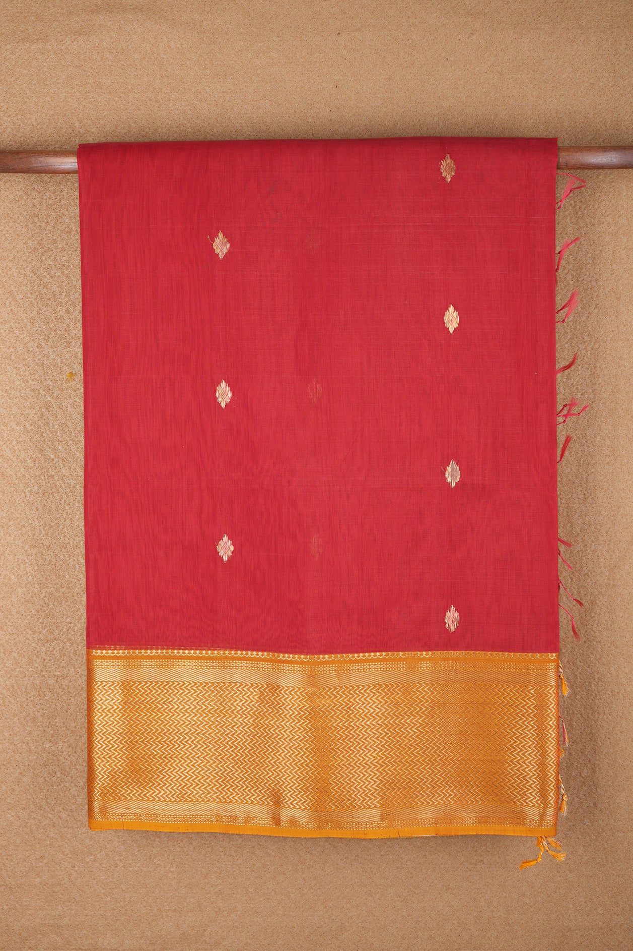 Chevron Pattern Zari Border Ruby Red Maheswari Silk Cotton Saree