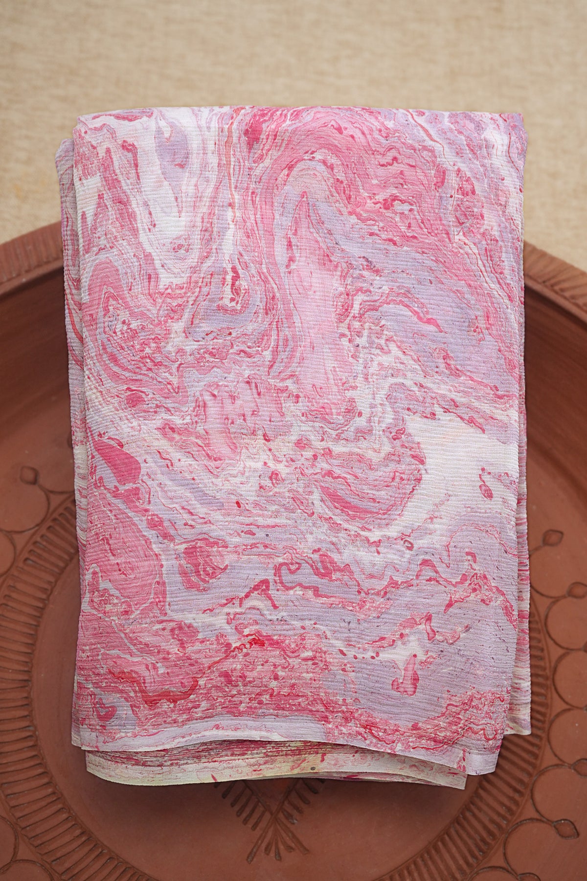 Stone Texture Design Pink And Grey Hand Marbled Chiffon Silk Saree