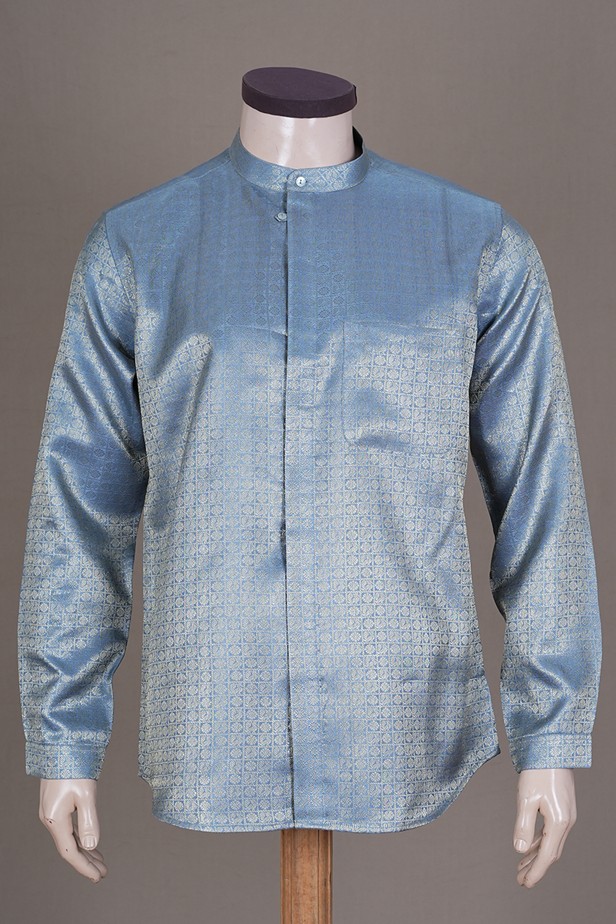 Chinese Collar Brocade Aegean Blue Silk Shirt