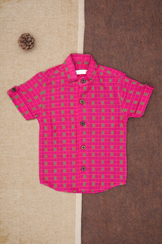 Chinese Collar With Dobby Printed Rani Pink Cotton Shirt
