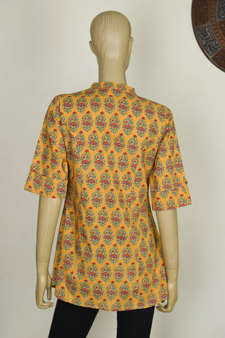 Chinese Collar Floral Design Mustard Yellow Printed Cotton Short Top