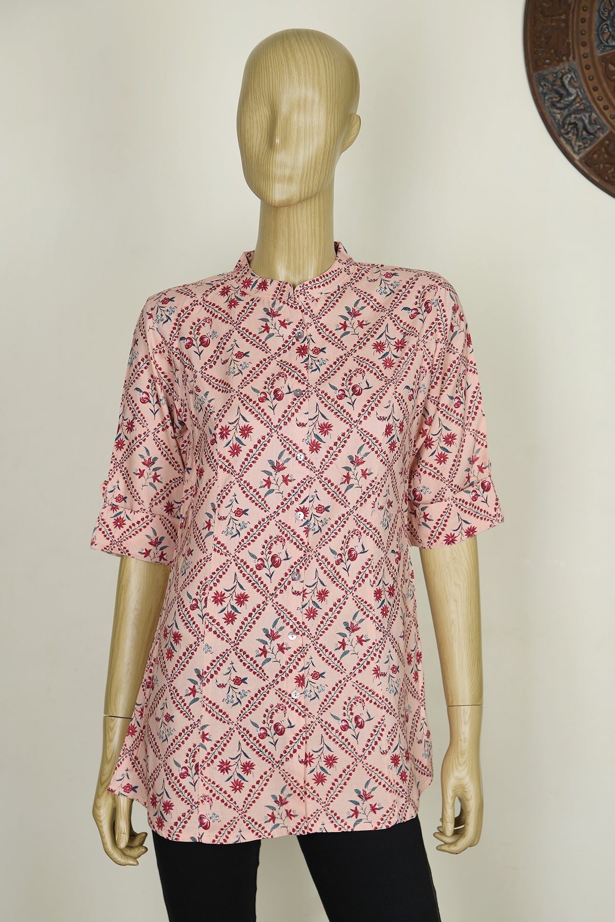 Chinese Collar Floral Design Peach Pink Printed Cotton Short Top