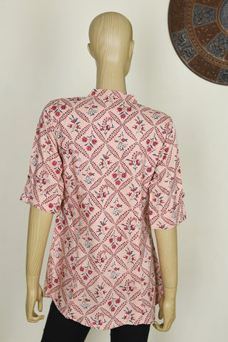 Chinese Collar Floral Design Peach Pink Printed Cotton Short Top