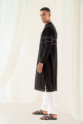 Chinese Collar Front And Back Embroidery Black Long Kurta