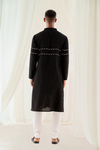 Chinese Collar Front And Back Embroidery Black Long Kurta