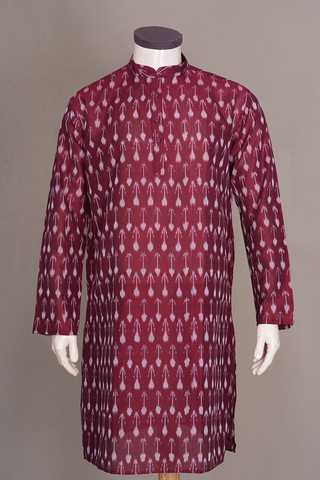 Chinese Collar Ikat Design Burgundy Red Cotton Long Kurta
