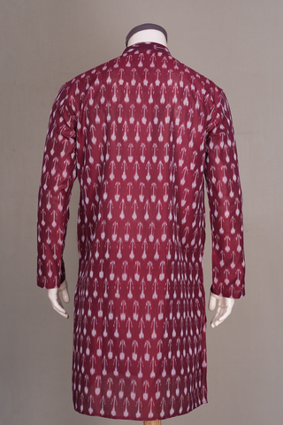 Chinese Collar Ikat Design Burgundy Red Cotton Long Kurta