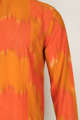 Chinese Collar Ikat Design Bright Orange And Mustard Cotton Long Kurta