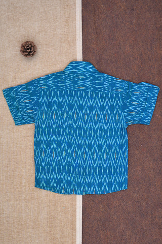 Chinese Collar Ikat Printed Capri Blue Cotton Shirt