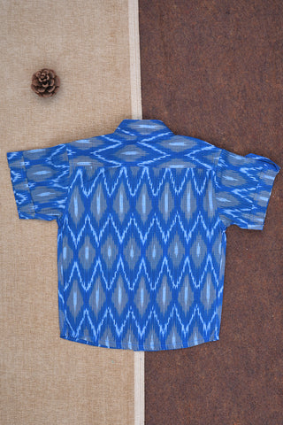 Chinese Collar Ikat Printed Cobalt Blue Cotton Shirt
