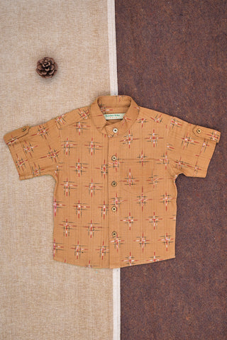 Chinese Collar Ikat Printed Mustard Brown Cotton Shirt