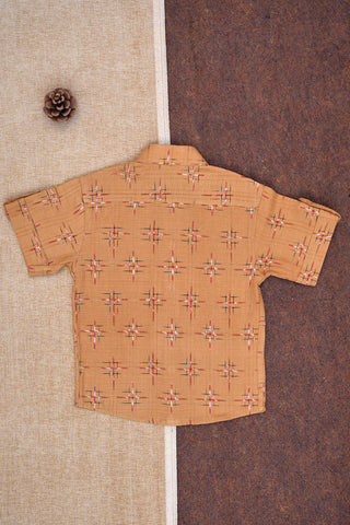 Chinese Collar Ikat Printed Mustard Brown Cotton Shirt