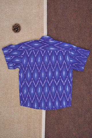 Chinese Collar Ikat Printed Royal Blue Cotton Shirt