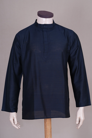 Chinese Collar Plain Navy Blue Raw Silk Short Kurta