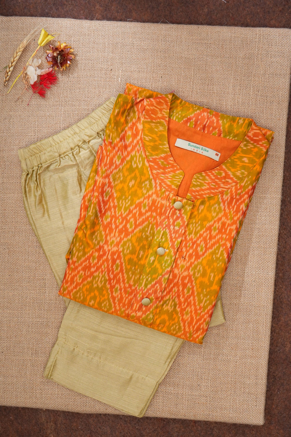 Chinese Collar Orange Pochampally Silk Salwar Set