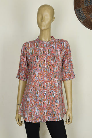 Chinese Collar Paisley Design Peach Pink Printed Cotton Short Top