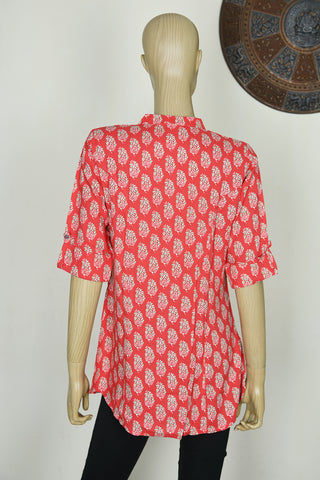 Chinese Collar Paisley Design Red Printed Cotton Short Top