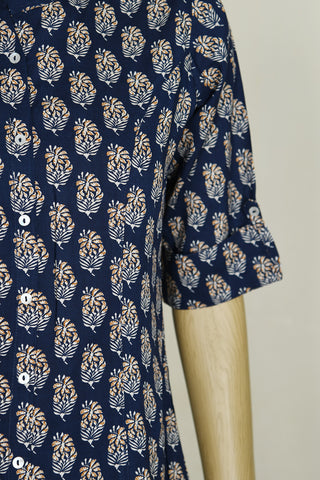 Chinese Collar Paisley Floral Design Navy Blue Printed Cotton Short Top