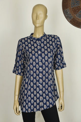 Chinese Collar Paisley Floral Design Navy Blue Printed Cotton Short Top