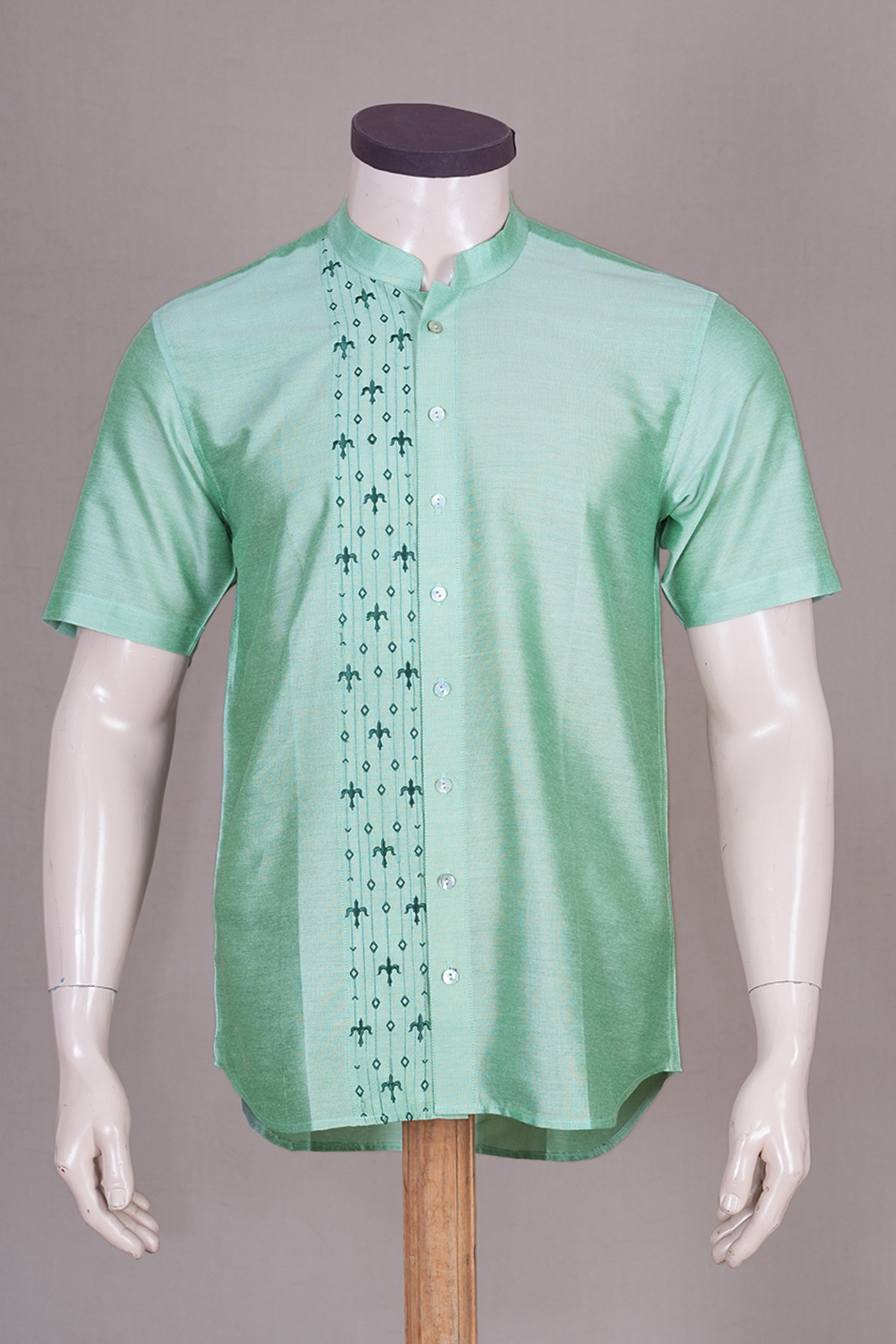 Chinese Collar Pastel Green Soft Raw Silk Shirt