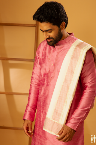 Chinese Collar Pink Raw Silk Long Kurta With Dhoti Set