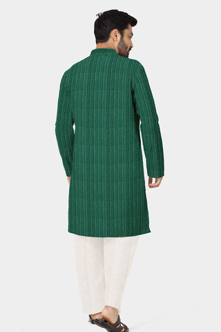 Chinese Collar Placket Dobby Weave Green Cotton Long Kurta