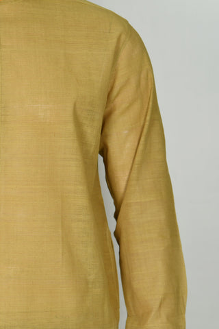 Chinese Collar Placket In Plain Flaxen Yellow Hand Spun Cotton Long Kurta